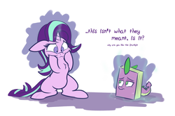 Size: 1500x1000 | Tagged: safe, artist:heir-of-rick, spike, starlight glimmer, dragon, g4, book, dialogue, inanimate tf, objectification, transformation