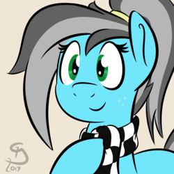 Size: 1200x1200 | Tagged: safe, artist:glimglam, oc, oc only, oc:pole position, earth pony, pony, bust, clothes, female, freckles, hoof on chest, looking at you, mare, ponytail, portrait, scarf, simple background, smiling, solo