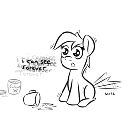 Size: 512x512 | Tagged: safe, artist:glimglam, oc, oc only, oc:generic monochrome meme horse, pony, black and white, caffeine, coffee, female, filly, grayscale, i can see forever, monochrome, shaking, simple background, solo, spill, tail wag, white background, wide eyes