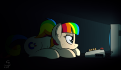 Size: 1200x700 | Tagged: safe, artist:glimglam, oc, oc only, oc:sidney, pony, commodore 64, computer, freckles, lying down, monitor, ponified, ponytail, rainbow hair, solo, tired
