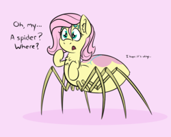 Size: 750x600 | Tagged: safe, artist:glimglam, fluttershy, monster pony, original species, spider, spiderpony, comic:children of everfree, g4, adoracreepy, chest fluff, covering mouth, cute, dialogue, ear fluff, female, multiple eyes, oblivious, open mouth, pink background, raised hoof, shyabetes, simple background, solo, species swap, spidershy, stray strand, surprised, three quarter view