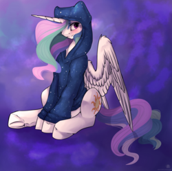 Size: 1585x1579 | Tagged: safe, artist:11-shadow, princess celestia, alicorn, pony, g4, blushing, clothes, cute, cutelestia, female, hoodie, looking at you, mare, sitting, smiling, solo, underhoof, wings