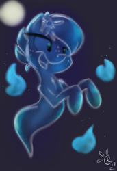 Size: 803x1174 | Tagged: safe, artist:catlion3, oc, oc only, oc:redelina, earth pony, ghost, ghost pony, pony, undead, floating, flower, flower in hair, full moon, moon, smiling