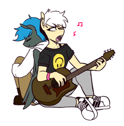 Size: 631x640 | Tagged: safe, artist:redxbacon, oc, oc only, oc:jade shine, oc:note clip, pegasus, anthro, boots, bracelet, clothes, guitar, hoodie, jewelry, music notes, shirt, shoes, singing, sneakers, t-shirt