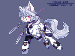 Size: 1024x768 | Tagged: safe, artist:foxcarp, pony, add (elsword), clothes, dynamo, elsword, looking at you, simple background, smiling, solo, sword, weapon