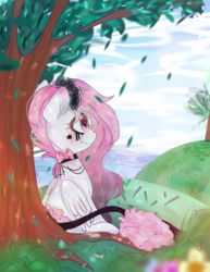 Size: 680x882 | Tagged: safe, artist:windymils, oc, oc only, pegasus, pony, female, flower, flower in hair, grass, hill, mare, sitting, smiling, solo, tree