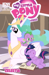 Size: 328x500 | Tagged: safe, artist:alanquest, idw, princess celestia, spike, twilight sparkle, dragon, g4, alanquest is trying to murder us, animated, baby, baby spike, blinking, book, cheek kiss, cute, cutelestia, daaaaaaaaaaaw, female, filly, filly twilight sparkle, hnnng, kissing, missing cutie mark, momlestia, no sound, on back, prone, sleeping, smiling, snoring, spikabetes, spikelove, twiabetes, weapons-grade cute, webm, younger