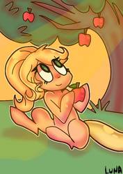Size: 723x1023 | Tagged: safe, artist:lunawoonanight, applejack, earth pony, pony, g4, apple, apple tree, female, food, hoof hold, mare, no pupils, sitting, smiling, solo, tree