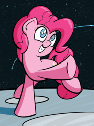 Size: 1920x2560 | Tagged: safe, artist:ashtoneer, pinkie pie, earth pony, pony, g4, female, grin, happy, moon, smiling, solo, space