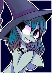 Size: 744x1052 | Tagged: safe, artist:lunawoonanight, oc, oc only, earth pony, pony, blue background, female, grin, hat, mare, simple background, smiling, solo, witch, witch hat