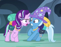 Size: 506x390 | Tagged: safe, screencap, starlight glimmer, trixie, pony, unicorn, g4, to where and back again, cropped, duo, female, leaning back, mare, raised hoof