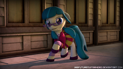 Size: 9600x5400 | Tagged: safe, artist:imafutureguitarhero, juniper montage, pony, equestria girls, equestria girls specials, g4, 3d, absurd resolution, clothes, dress, equestria girls ponified, female, glasses, looking at you, ponified, raised hoof, shoes, sidewalk, smiling, solo, source filmmaker, wallpaper