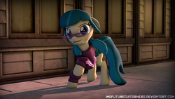 Size: 9600x5400 | Tagged: safe, alternate version, artist:imafutureguitarhero, juniper montage, pony, equestria girls, equestria girls specials, g4, 3d, absurd resolution, adidas, clothes, equestria girls ponified, female, glasses, hoodie, looking at you, ponified, raised hoof, sidewalk, smiling, solo, source filmmaker, tracksuit, wallpaper