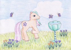 Size: 1024x720 | Tagged: safe, artist:normaleeinsane, tipsy tulip, butterfly, pony, g2, female, flower, solo, traditional art