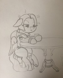 Size: 2448x3047 | Tagged: safe, artist:whiskey, oc, oc only, oc:safety first, pegasus, pony, alcohol, clothes, drunk, female, guardsmare, high res, hoodie, mare, monochrome, royal guard, solo, traditional art