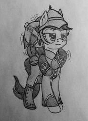 Size: 1905x2599 | Tagged: safe, artist:whiskey, oc, oc:lamp light, oc:solemn rain, pony, clothes, crossover, dishonored, female, guard, helmet, mare, mask, monochrome, overseer, traditional art