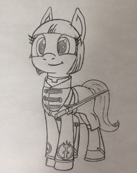 Size: 2448x3093 | Tagged: safe, artist:whiskey, oc, oc only, oc:lamp light, pony, clothes, crossover, dishonored, female, high res, mare, monochrome, overseer, smiling, solo, sword, traditional art, uniform, weapon