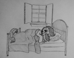 Size: 2998x2349 | Tagged: safe, artist:whiskey, oc, oc only, oc:mellow drizzle, oc:solemn rain, pony, bed, high res, monochrome, sleeping, snuggling, traditional art