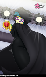 Size: 596x1000 | Tagged: safe, artist:clouddg, juniper montage, equestria girls, equestria girls specials, g4, my little pony equestria girls: movie magic, bodysuit, cape, clothes, female, glasses, looking at you, looking back, smiling, solo, stage light
