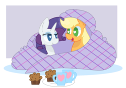 Size: 1628x1148 | Tagged: safe, artist:redrose26, applejack, rarity, earth pony, pony, unicorn, g4, apple brown betty (food), blanket, cup, duo, female, food, heart eyes, lesbian, mare, ship:rarijack, shipping, wingding eyes