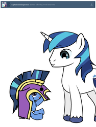Size: 600x800 | Tagged: safe, artist:dekomaru, shining armor, oc, oc:nebula, pony, tumblr:ask twixie, g4, ask, baby, baby pony, colt, helmet, magical lesbian spawn, male, offspring, parent:trixie, parent:twilight sparkle, parents:twixie, tumblr, uncle and nephew, uncle shining armor
