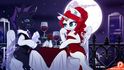 Size: 1200x675 | Tagged: safe, artist:arctic-fox, oc, oc only, oc:phobos, alicorn, changeling, pony, alicorn oc, beautiful, building, changeling oc, city, clothes, date, dress, fangs, female, full moon, glass, handsome, looking at each other, male, mare, moon, night, oc x oc, patreon, patreon logo, purple changeling, red dress, shipping, sitting, smiling, straight, table, wine glass