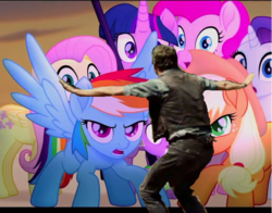 Size: 704x553 | Tagged: safe, edit, edited screencap, screencap, applejack, fluttershy, pinkie pie, rainbow dash, rarity, twilight sparkle, alicorn, pony, g4, my little pony: the movie, chris pratt, jurassic world, mane six, owen grady, prattkeeping, size difference, staff, staff of sacanas, twilight sparkle (alicorn)