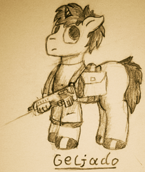 Size: 1590x1896 | Tagged: safe, artist:geljado, oc, oc only, pony, unicorn, sepia, sketch, soldier, soldier pony, solo, weapon