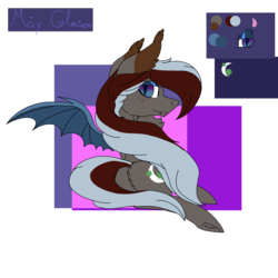 Size: 2560x2560 | Tagged: safe, artist:brokensilence, oc, oc only, oc:may glacier, bat pony, pony, bedroom eyes, chest fluff, cute, cute little fangs, eyeshadow, fangs, high res, makeup, mlem, reference sheet, solo, tongue out