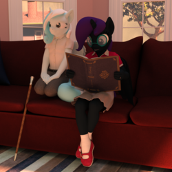Size: 1500x1500 | Tagged: safe, artist:tahublade7, oc, oc only, oc:nyx, oc:snowdrop, alicorn, anthro, plantigrade anthro, 3d, book, cane, clothes, cute, daz studio, glasses, mary janes, shoes, skirt, socks