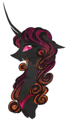 Size: 857x1500 | Tagged: safe, artist:australian-senior, oc, oc only, oc:queen rhodonite, changeling, changeling queen, crystal pony, pony, kirindos, alternate universe, bust, changeling oc, changeling queen oc, colored sclera, crystallized, fangs, female, pink eyes, purple changeling, simple background, solo, transparent background