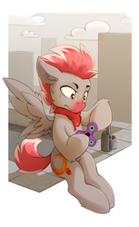 Size: 918x1500 | Tagged: safe, artist:n_thing, oc, oc only, pegasus, pony, fidget spinner, flustered, rooftop, solo, vape