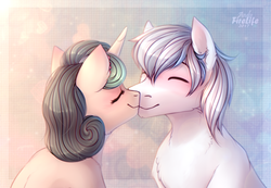 Size: 1300x900 | Tagged: safe, artist:fenwaru, oc, oc only, earth pony, pony, unicorn, blushing, cute, female, kissing, male, mare, stallion, straight