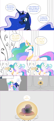 Size: 1282x2892 | Tagged: safe, artist:hakunohamikage, princess celestia, princess luna, twilight sparkle, oc, oc:nyx, alicorn, pony, ask-princesssparkle, g4, ask, door, magic, prone, sleeping, tumblr, twilight sparkle (alicorn)