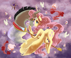 Size: 1508x1223 | Tagged: safe, artist:thecuriousfool, discord, fluttershy, parcel post, post haste, draconequus, pegasus, pony, discordant harmony, g4, butterfly net, cute, discute, female, floating, food, ginseng teabags, glasses, looking at each other, male, mare, scepter, ship:discoshy, shipping, straight, tea, twilight scepter