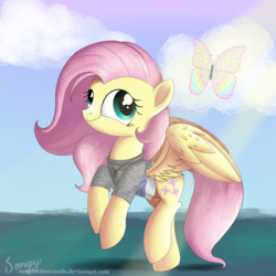 Size: 2000x2000 | Tagged: safe, artist:songbirdserenade, fluttershy, butterfly, pegasus, pony, g4, clothes, cloud, cute, female, high res, jewelry, mare, necklace, shyabetes, smiling, solo