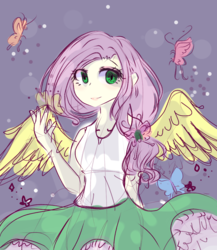 Size: 766x882 | Tagged: safe, artist:windymils, fluttershy, butterfly, equestria girls, g4, clothes, colored, female, ponied up, sketch, skirt, skirt lift, solo, tank top