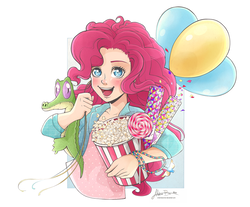 Size: 1024x849 | Tagged: dead source, safe, artist:viviennecorner, gummy, pinkie pie, alligator, human, g4, clothes, confetti, duo, food, humanized, open mouth, pet, popcorn, signature