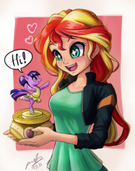 Size: 720x909 | Tagged: safe, artist:the-park, sunset shimmer, twilight sparkle, human, pony, unicorn, a royal problem, equestria girls, g4, :d, balancing, ballerina, blushing, clothes, cute, duo, eye contact, eyes on the prize, female, happy, heart, hi, human coloration, jacket, leather jacket, leotard, looking at each other, mare, music box, open mouth, raised leg, shimmerbetes, simple background, skirt, smiling, speech bubble, starry eyes, tutu, twiabetes, twilarina, underhoof, wingding eyes