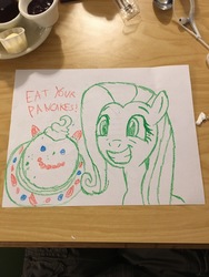 Size: 4032x3024 | Tagged: safe, artist:trini-mite, derpibooru exclusive, fluttershy, pony, g4, food, high res, pancakes, restaurant, traditional art