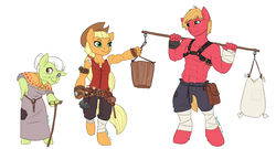 Size: 2400x1300 | Tagged: safe, artist:joan-grace, applejack, big macintosh, granny smith, earth pony, anthro, unguligrade anthro, g4, abs, alternate universe, bag, belt, bucket, cane, clothes, dress, harness, partial nudity, rebellion, simple background, stupid sexy big macintosh, topless, white background