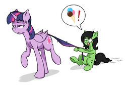 Size: 1148x770 | Tagged: safe, artist:crownhound, twilight sparkle, oc, oc:filly anon, alicorn, earth pony, pony, g4, cross-popping veins, dragging, duo, exclamation point, female, filly, food, ice cream, mare, pictogram, tail pull, twilight sparkle (alicorn)