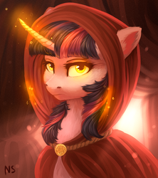Size: 1673x1884 | Tagged: safe, artist:nightskrill, twilight sparkle, pony, unicorn, g4, cloak, clothes, curved horn, female, fluffy, glowing eyes, glowing horn, horn, looking at you, mare, solo