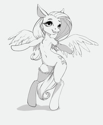 Size: 1280x1556 | Tagged: safe, artist:kelpiemoonknives, fluttershy, pegasus, semi-anthro, g4, armpits, belly button, bipedal, clothes, featureless crotch, female, mare, monochrome, sketch, socks, solo, spread wings, stockings, thigh highs, wide hips, wings