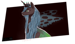 Size: 1000x580 | Tagged: safe, artist:itzdatag0ndray, queen chrysalis, changeling, changeling queen, g4, crown, ear fluff, female, jewelry, long mane, regalia, simple background, solo