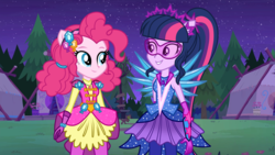 Size: 1280x720 | Tagged: safe, artist:mixiepie, artist:themexicanpunisher, pinkie pie, sci-twi, twilight sparkle, equestria girls, g4, my little pony equestria girls: legend of everfree, camp, clothes, crystal guardian, crystal wings, duo, looking at each other, night, outdoors, ponied up, requested art, sci-twilicorn, smiling, super ponied up, tent, vector, visor