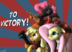 Size: 4100x3000 | Tagged: safe, artist:guykarat, applejack, fluttershy, pinkie pie, earth pony, pegasus, pony, g4, 3d, crossover, engiejack, female, fluttermedic, high res, male, mare, pinkie pyro, team fortress 2