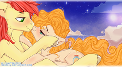Size: 1280x704 | Tagged: safe, artist:feekteev, bright mac, pear butter, earth pony, pony, g4, the perfect pear, female, full moon, husband and wife, looking at each other, male, mare, moon, night, ship:brightbutter, smiling, stallion, stars, straight