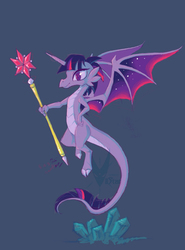 Size: 738x1000 | Tagged: safe, artist:viistar, twilight sparkle, dragon, g4, blue background, colored wings, crystal, dragoness, dragonified, female, multicolored wings, purple background, scaled underbelly, simple background, solo, species swap, spread wings, staff, twilidragon, watermark, wings