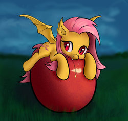 Size: 2857x2714 | Tagged: safe, artist:xbi, fluttershy, bat pony, pony, g4, apple, biting, cute, female, flutterbat, food, giant apple, high res, prone, race swap, shyabates, shyabetes, solo, spread wings, wings